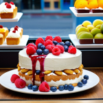 **

Visually stunning cake display in a bakery window. Focus on impeccable plating, vibrant colors from fresh fruits (raspberries, blueberries, kiwis), and a balance of textures like crispy biscuit and smooth cream. Highlighting a flowing glaze and artful decorations, inspired by Instagram trends.

**