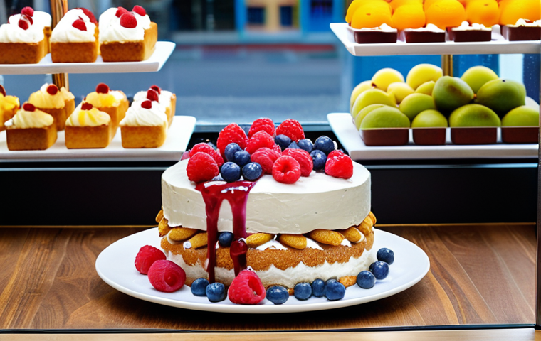 **

Visually stunning cake display in a bakery window. Focus on impeccable plating, vibrant colors from fresh fruits (raspberries, blueberries, kiwis), and a balance of textures like crispy biscuit and smooth cream. Highlighting a flowing glaze and artful decorations, inspired by Instagram trends.

**