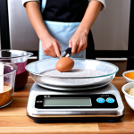 **A baker meticulously weighing ingredients on a digital kitchen scale with a large LCD screen. Various baking tools like measuring cups and spoons are neatly arranged in the background, emphasizing precision in baking.**