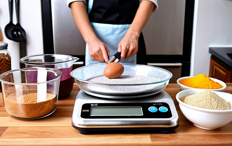 **A baker meticulously weighing ingredients on a digital kitchen scale with a large LCD screen. Various baking tools like measuring cups and spoons are neatly arranged in the background, emphasizing precision in baking.**