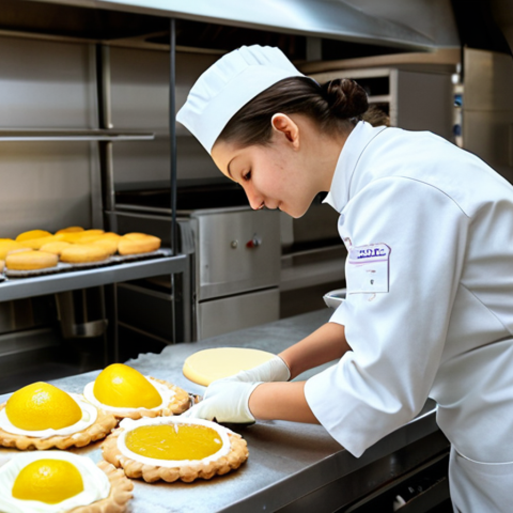 P&acirc;tisserie Stage**

"A young, fully clothed trainee in a clean, modest pastry chef's uniform, carefully decorating a *tarte au citron* in a bright, professional *boulangerie-p&acirc;tisserie* kitchen in Paris. Background shows other chefs working. Safe for work, appropriate content, perfect anatomy, well-formed hands, natural pose, high quality."

**