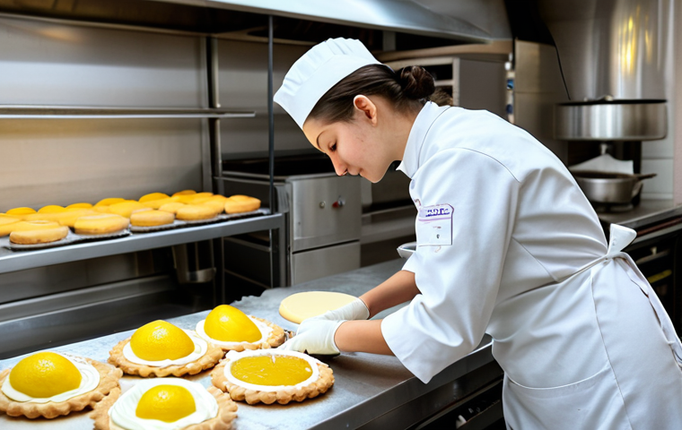 Pâtisserie Stage**
"A young, fully clothed trainee in a clean, modest pastry chef's uniform, carefully decorating a *tarte au citron* in a bright, professional *boulangerie-pâtisserie* kitchen in Paris. Background shows other chefs working. Safe for work, appropriate content, perfect anatomy, well-formed hands, natural pose, high quality."
**