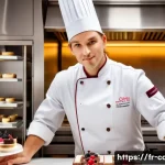 제과 자격증 소지자의 장단점 - A professional pastry chef in a high-end French kitchen, wearing a pristine white chef&rsquo;s jacket and ...