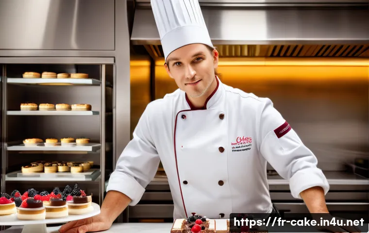 제과 자격증 소지자의 장단점 - A professional pastry chef in a high-end French kitchen, wearing a pristine white chef&rsquo;s jacket and ...