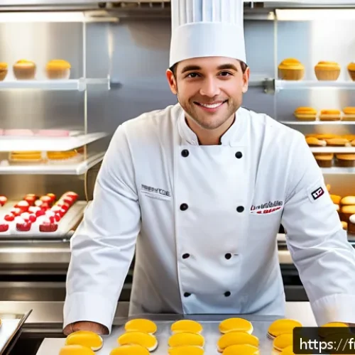 제과 자격증으로 연봉 협상하는 방법 - A professional pastry chef in a modern, upscale French bakery kitchen, wearing a clean white chef&rsquo;s ...