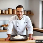 제과 자격증 실기 시험 중점 항목 - A professional pastry chef in a modern French bakery kitchen, meticulously organizing ingredients an...