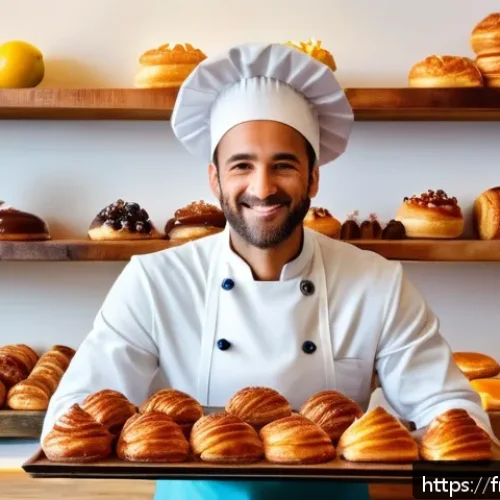 제과 자격증 없이 제과업계에서 성공한 사례 - A vibrant artisanal bakery kitchen scene showcasing a self-taught French pastry chef experimenting w...