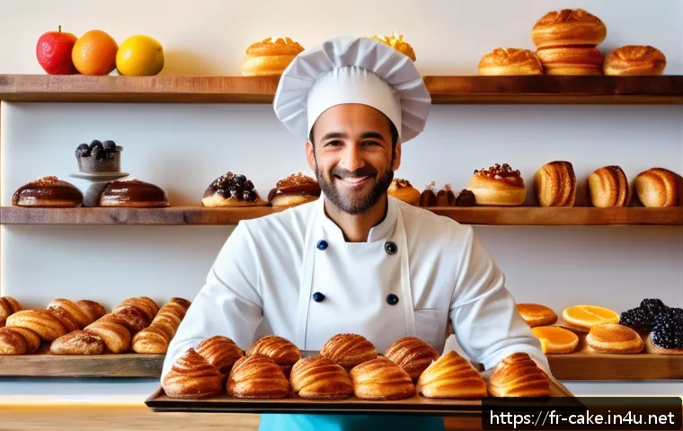 제과 자격증 없이 제과업계에서 성공한 사례 - A vibrant artisanal bakery kitchen scene showcasing a self-taught French pastry chef experimenting w...
