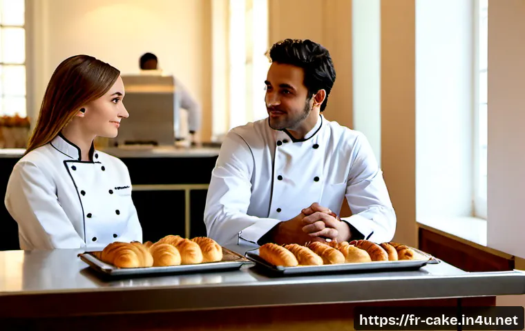 제과 경력직 인터뷰 질문 대비 - Photorealistic French pastry chef job interview in a bright, elegant patisserie kitchen, experienced...