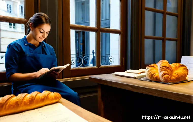 제과업계 업무일기 작성법 - Photorealistic French artisan bakery office scene, a bakery manager in clean work attire seated at a...