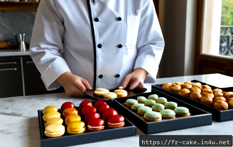제과업계 이직을 위한 포트폴리오 준비 - Photorealistic French pâtisserie career portfolio scene, an aspiring pastry chef in a clean white ch...